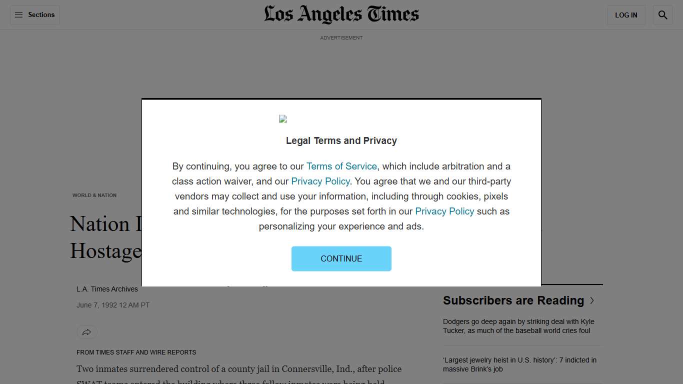 Nation IN BRIEF : INDIANA : 2 Inmates Give Up in Hostage-Taking - Los Angeles Times